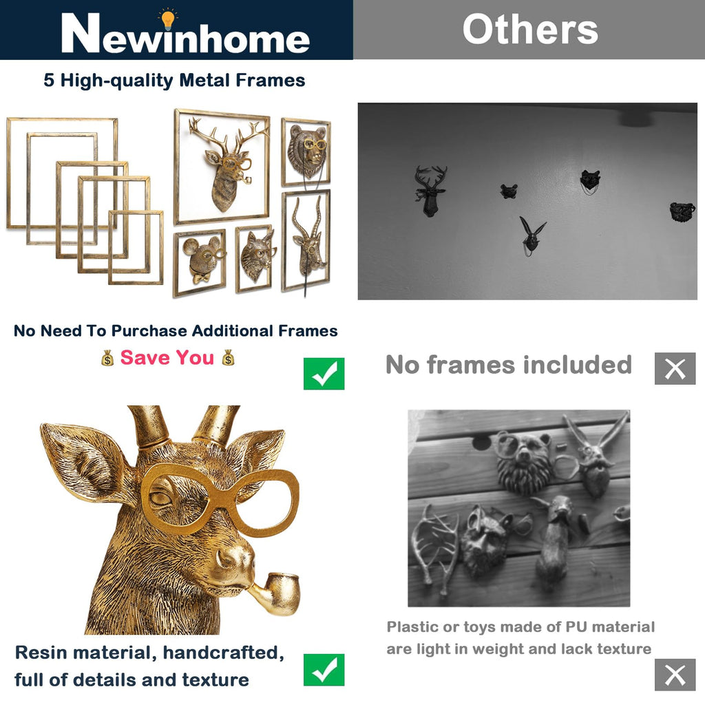 Animal Heads Wall Decor (5pcs, Includes Metal Frame) Resin Animals Sculptures Head Wall Hanging Decoration Gold