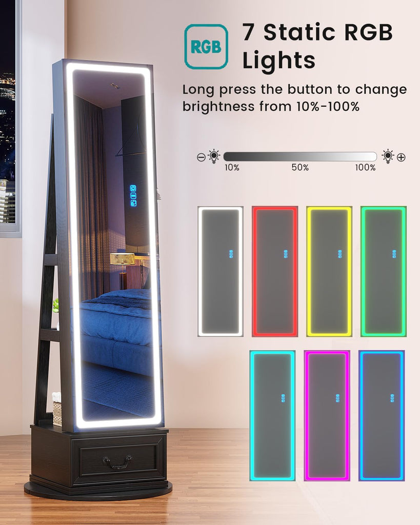 LED Mirror Jewelry Cabinet with Lights, 360° Swivel, Black