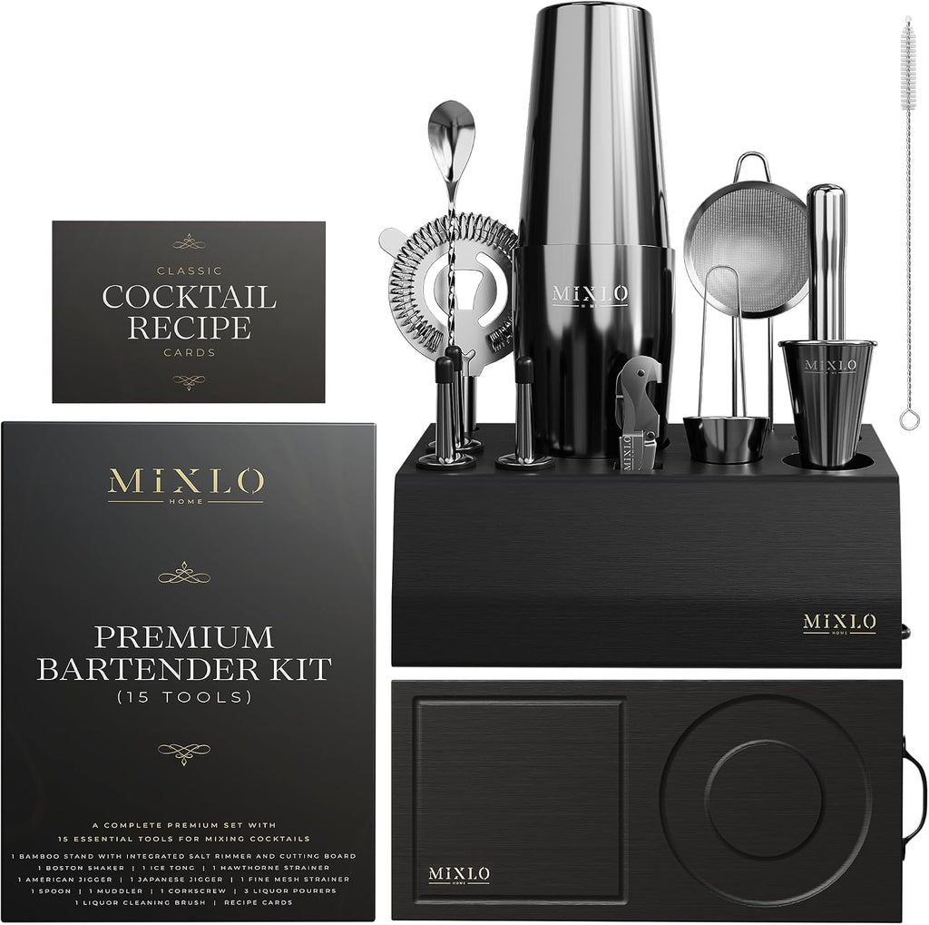 Mixology Bartender Kit - Bar Set Cocktail Shaker Set w Black Bar Cart Accessories Stand - Shakers Bartending - Set of 15