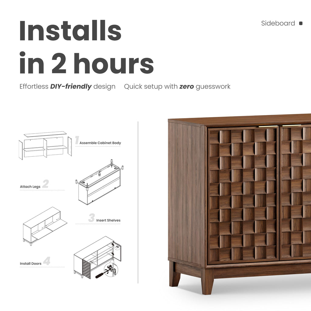Fluted Sideboard Buffet Cabinet with Storage, 59" Wood Buffet Table with 4 3D-Checkerboard Doors & Adjustable