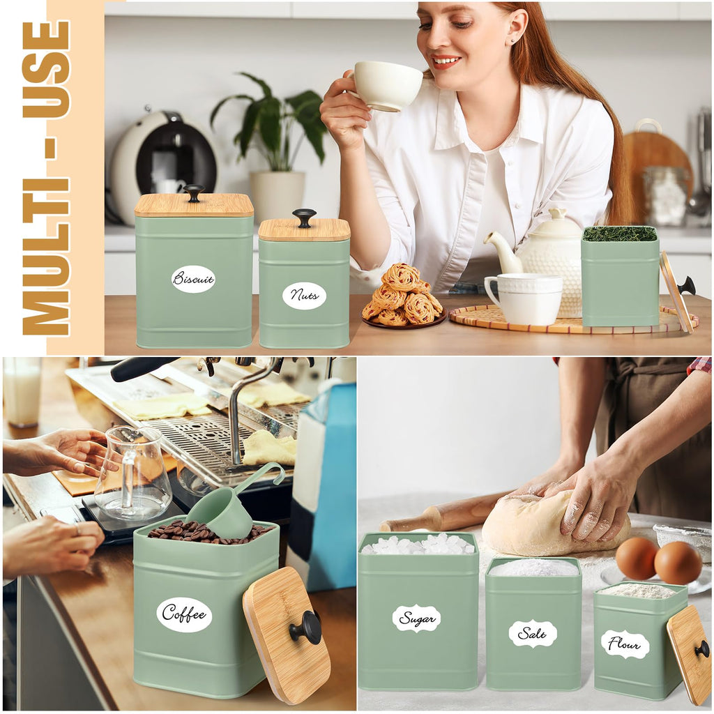 Kitchen Canister Set of 3 with Airtight Bamboo Lids Spoon, Green, XL, L, M