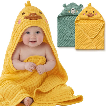 Muslin Baby Hooded Towel 2 Pack, Soft & Absorbent Bath Towel for Infant, Toddler, Unisex, Baby Gift, Newborn