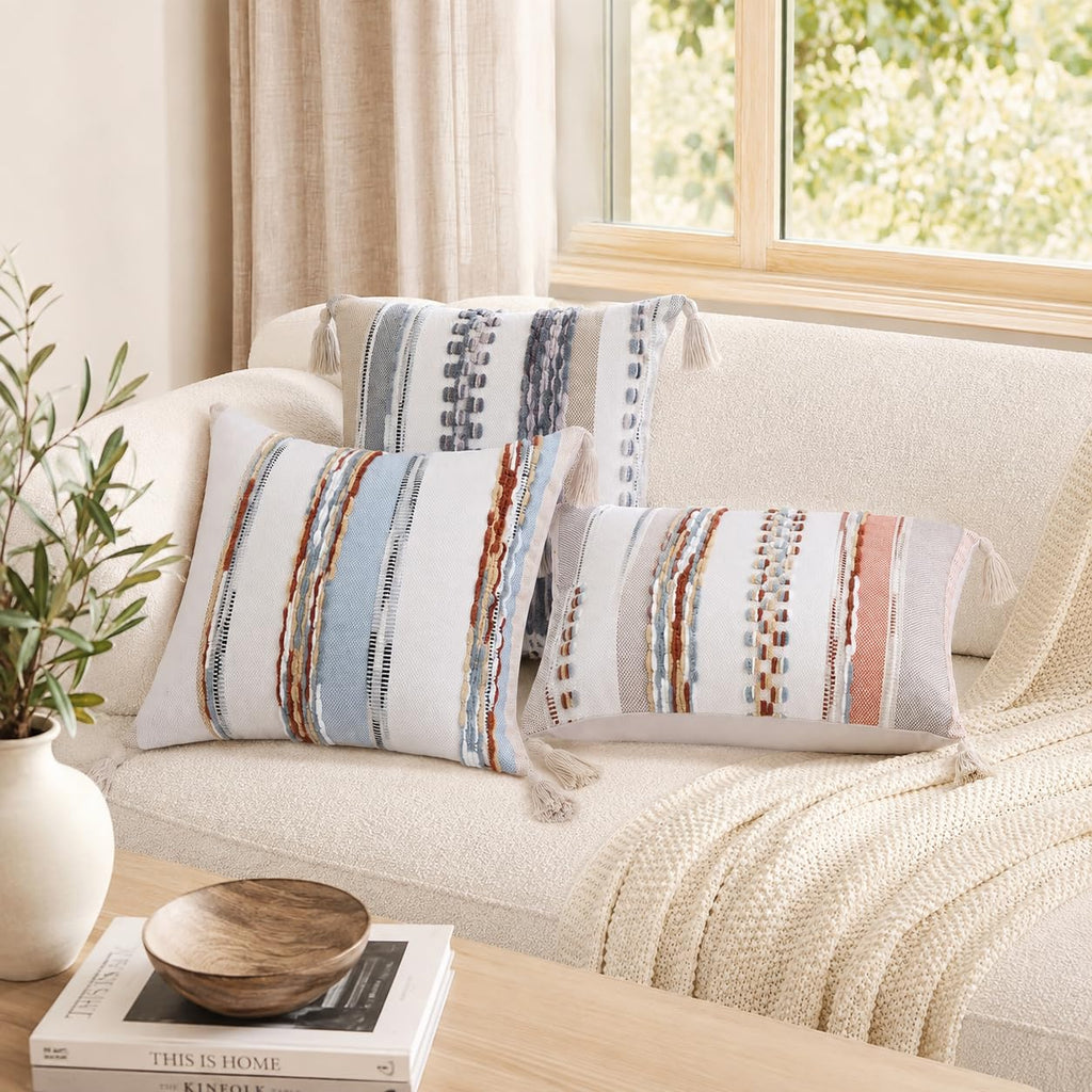 Boho Decorative Throw Pillow Covers 18x18 Set of 2, Striped Chenille Tufted Pillow Covers with Tassels for Couch Bed