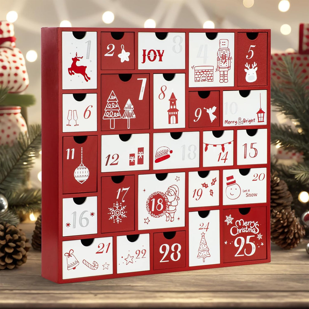 2025 Wooden Advent Calendar, 13 Inch Christmas Advent Calendar with 25 Large Drawers, Christmas Countdown Calendar