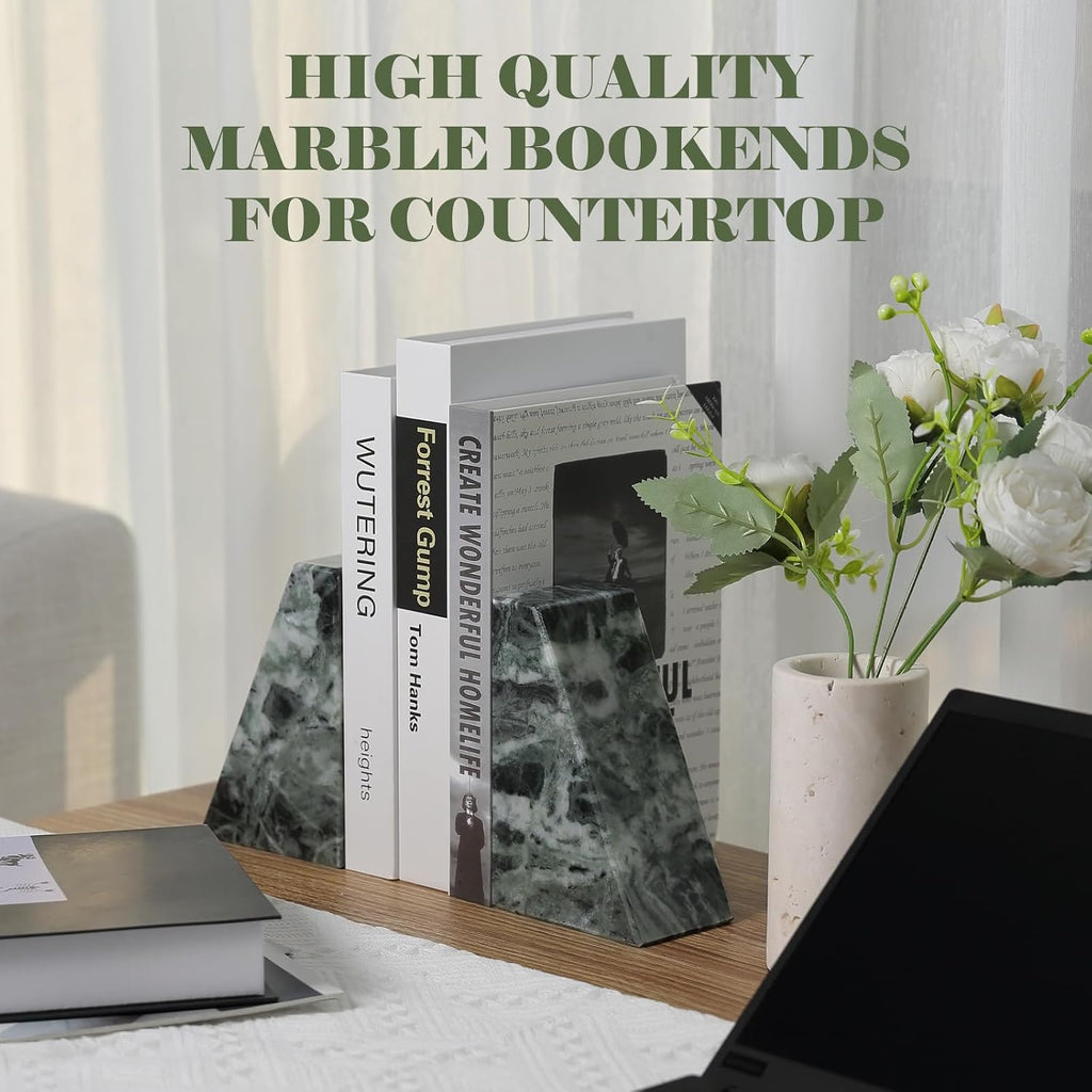 Marble Bookends for Heavy Books, Decorative Bookends for Shelves, Green Stone Book Ends, Heavy-Duty Book Ends for
