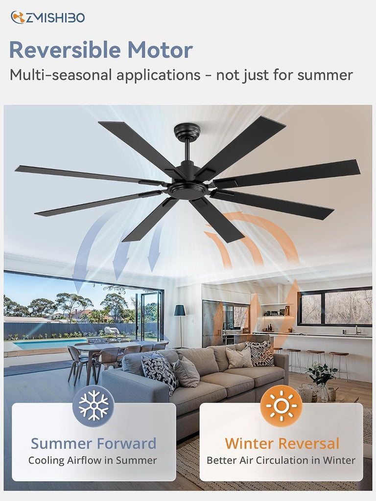 72 Inch Ceiling Fan No Light with Remote Control, 8 Blades