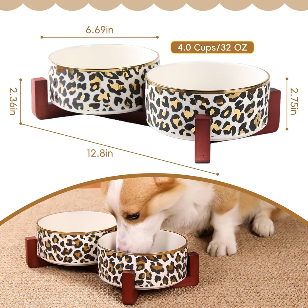 Dog Bowl Set with Wood Stand, Non-Slip Anti-Tip Elevated Design, Double Ceramic Animal Food Water Cat Bowls, Suitable