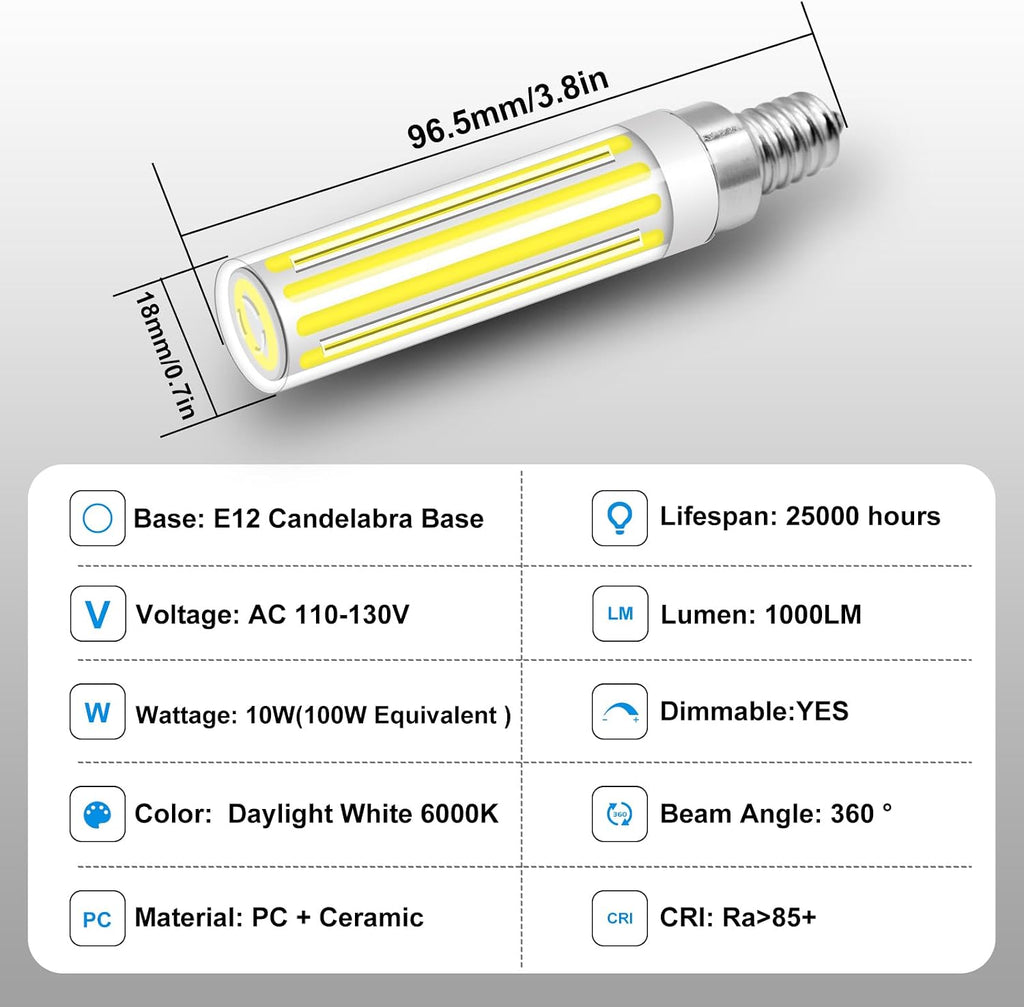 Dimmable E12 C7 LED Candelabra Light Bulb 10W Equivalent 100W Daylight