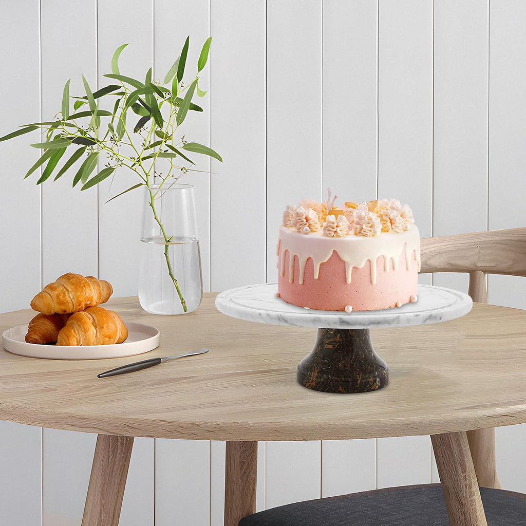 Marble Cake Stand with Dome Lid, 11.8In Diameter Groove Design 44LBS Bearing Nordic Polishing Marble Texture