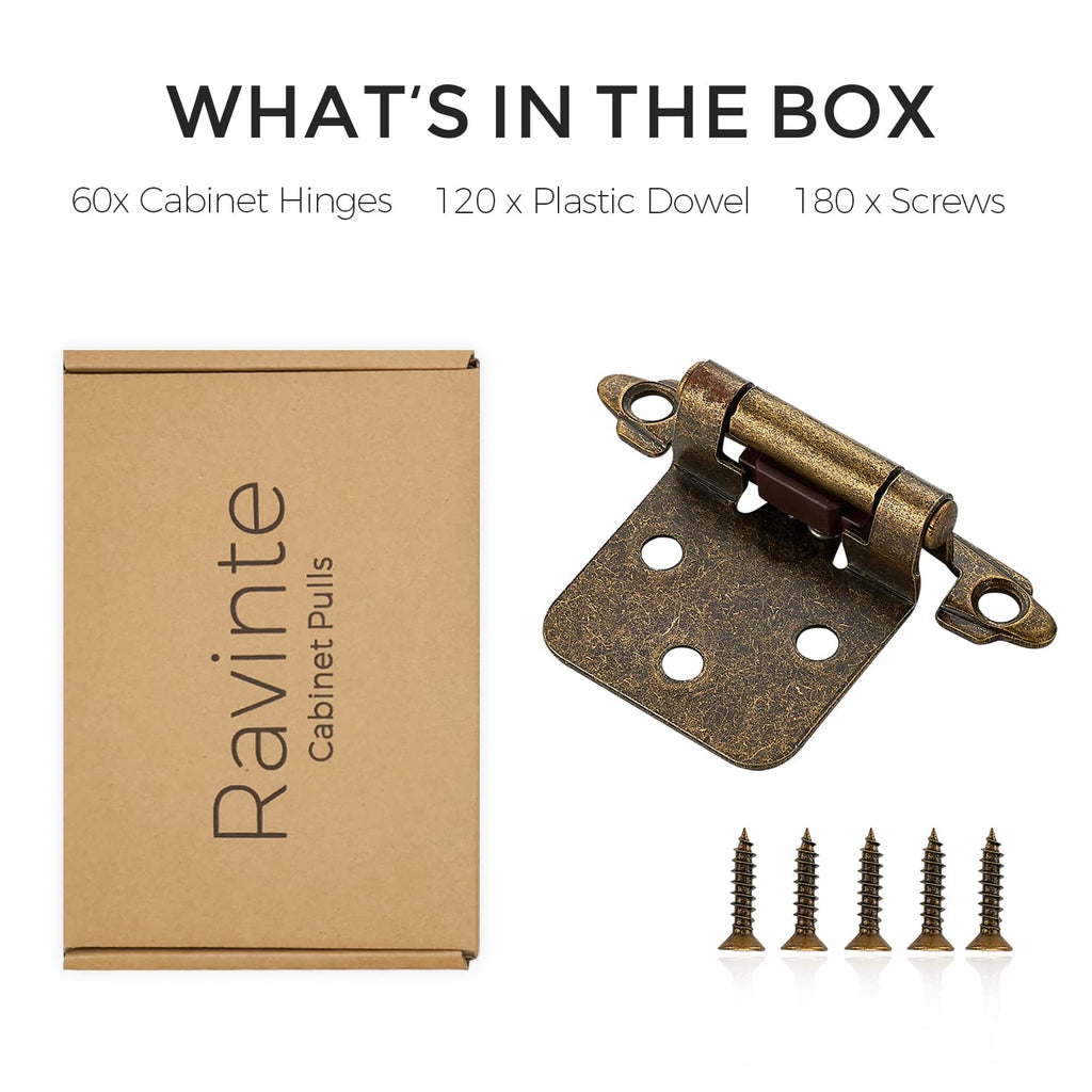 Antique Bronze Cabinet Hinges, 1/2 Inch Overlay, 60 Pack (30 Pairs)