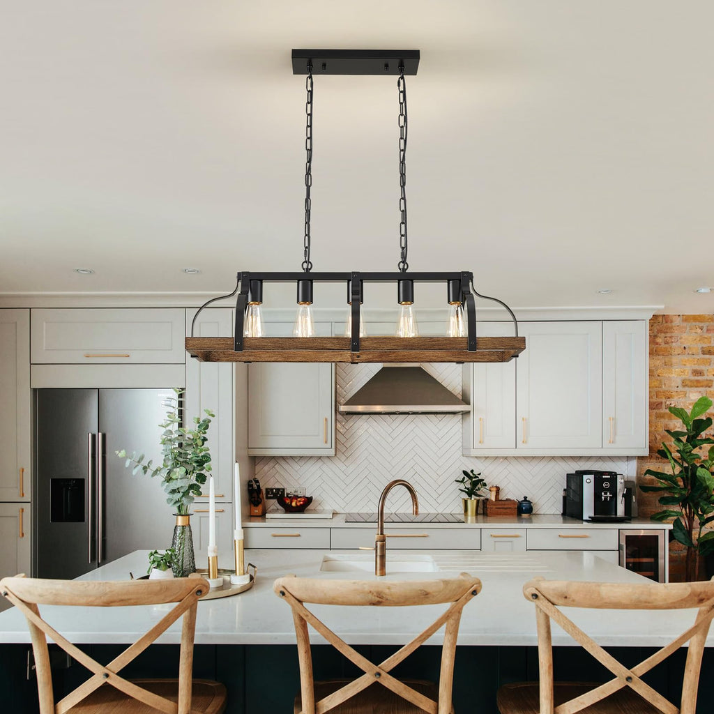 Metal Chandelier Imitation Wood Grain Linear Pendant Ceiling Lighting Rustic Farmhouse Fixture Kitchen Island