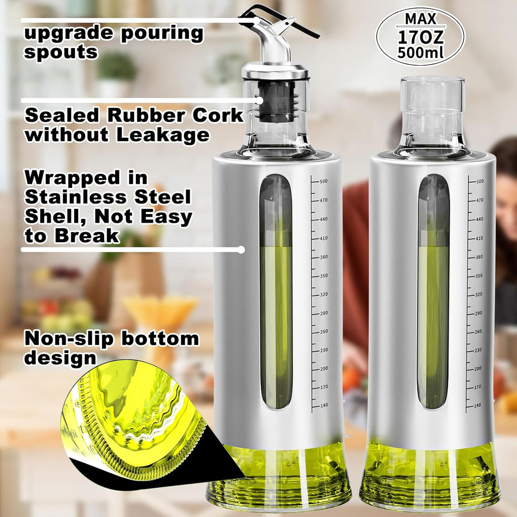 Oil Dispenser Bottle, 4 Pack Glass Olive Oil Dispenser Bottle with Shelf, 17oz/500 ml Oil and Vinegar Dispenser Set - Set of 4