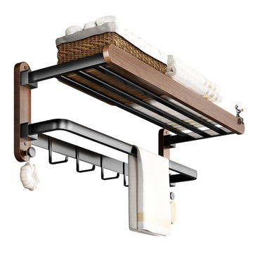 Towel Rack Holder 3-Tier Solid Wood with Shelf, Foldable Wall Mount, 24in Thickened Tube Holds 30lbs, 7 Hooks