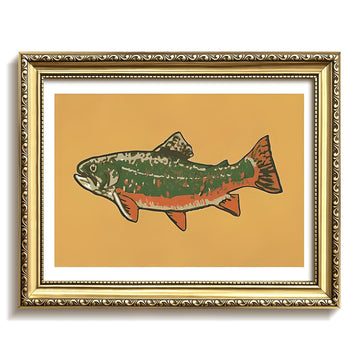 Vintage Gold Framed Trout Canvas Wall Art, Kitchen Fish Wall Decor Oil Painting, Farmhouse Decor Artwork Print