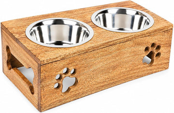 Wooden Dog Cat Pet Feeder Station Stand with 2 Stainless Steel Bowls | Raised Cat Bowl Dogs Bowl Elevated Cat Dog