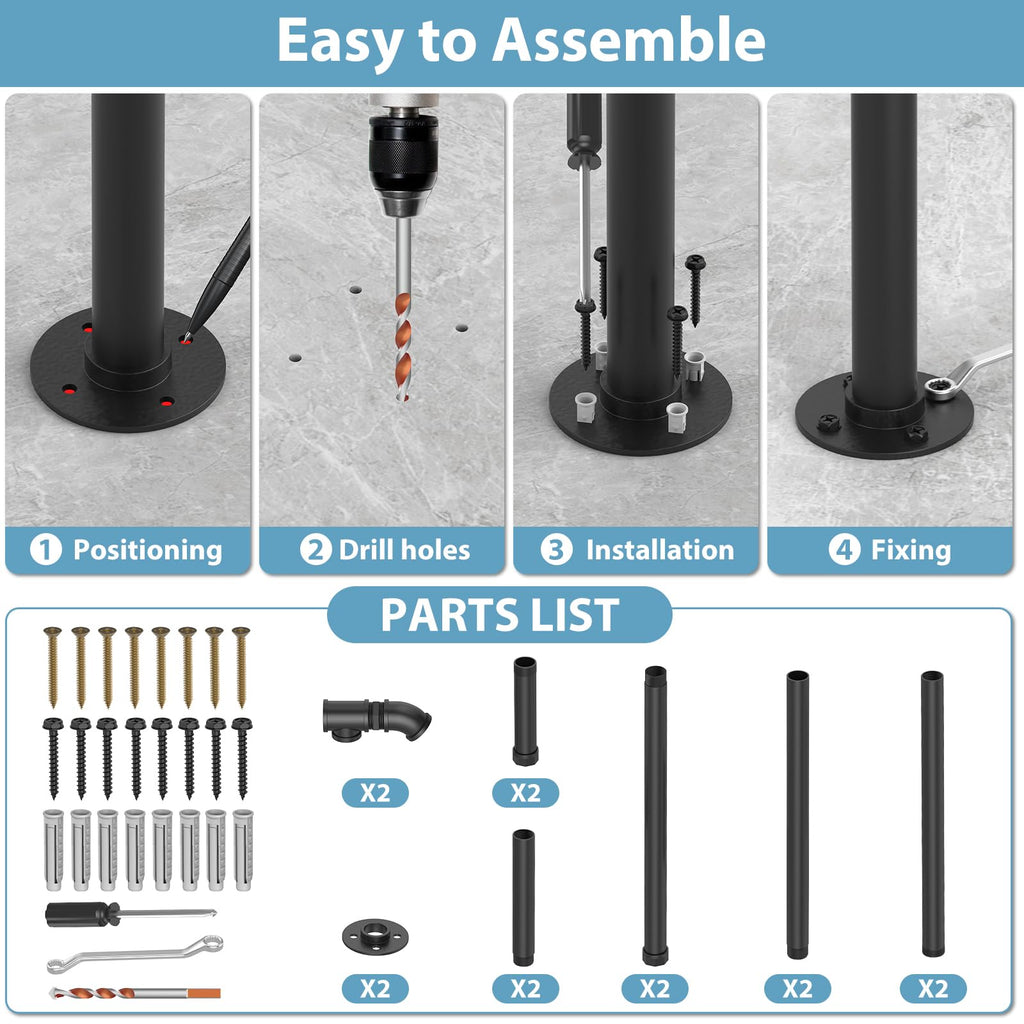2 Pack Hand Rails for Outdoor Steps Fit 1 to 2 Step, HandRails Outdoor Stair Railing, Sturdy Single Post Metal Porch
