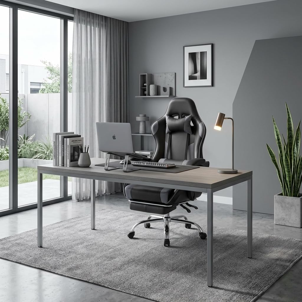 Racing E-Sports Gaming Chair - Ergonomic Grey PU Leather Computer Desk Chair with Footrest, High Back Recliner with