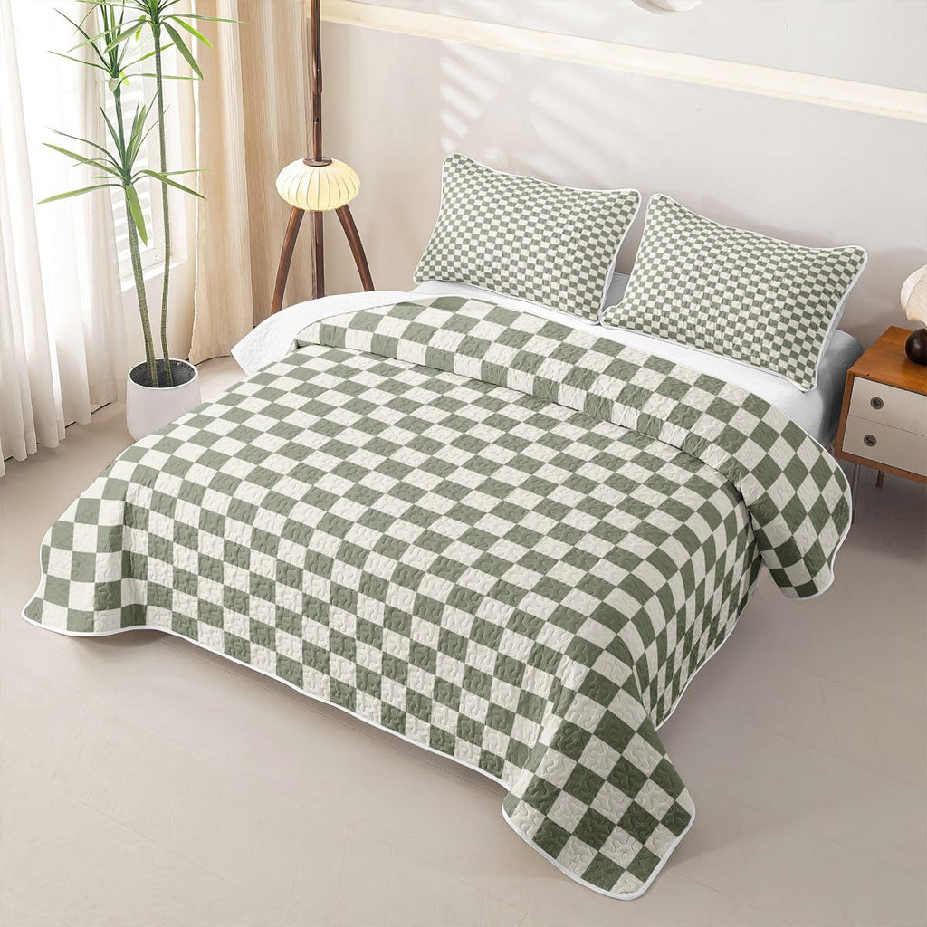 Green Plaid Quilts for Bed, Buffalo Check Bedspreads Soft Bed Summer Lightweight Comforter, Geometric Coverlet