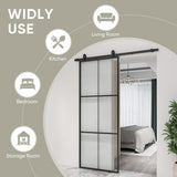38in x 96in Glass Sliding Barn Door with 6.6ft Hardware kit, 3-Panel Black Aluminum Frame and Clear 