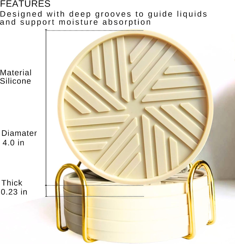Silicone Coasters - with Gold Holder, smart Modern Grooved Pattern Protecs to Coffee Tables, Beige - Set of 6