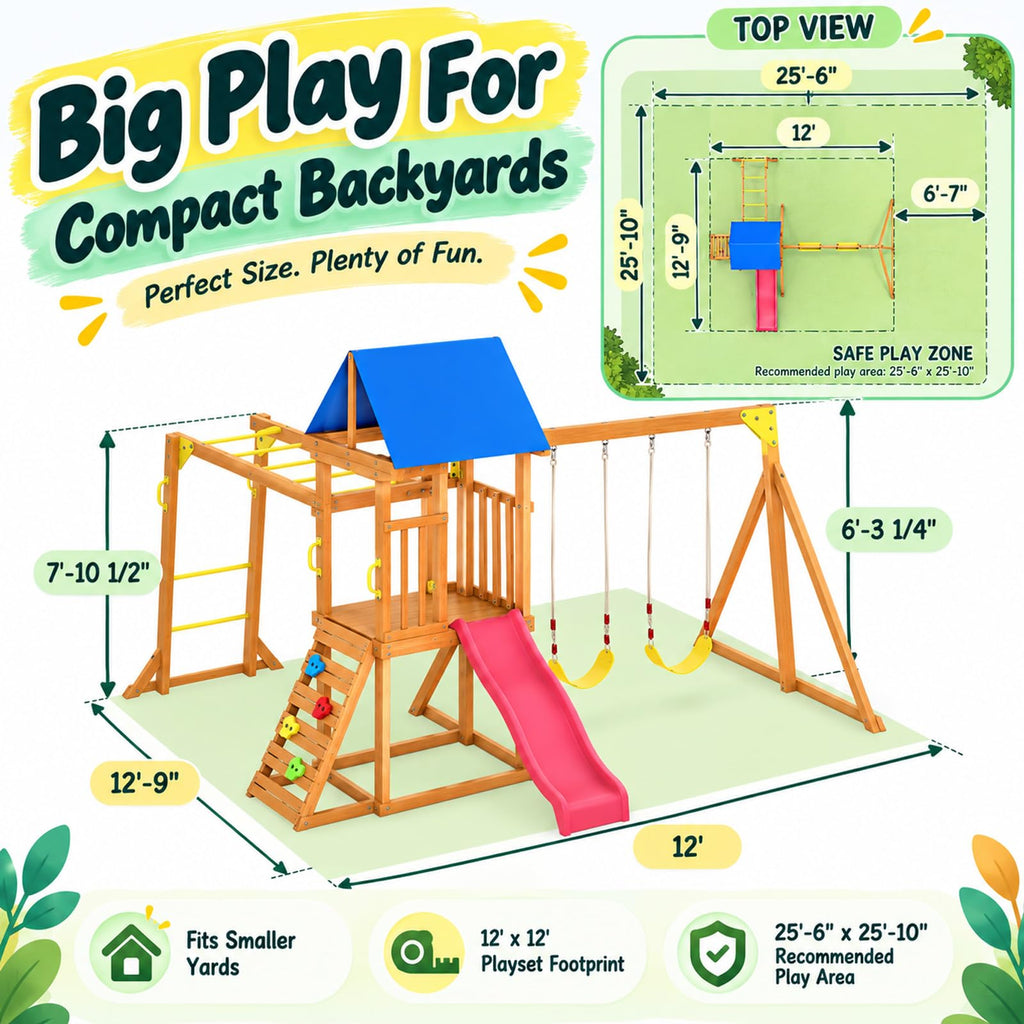 Wooden Swing Sets for Backyard with Monkey Bar, Outdoor Playset for Age 3-6