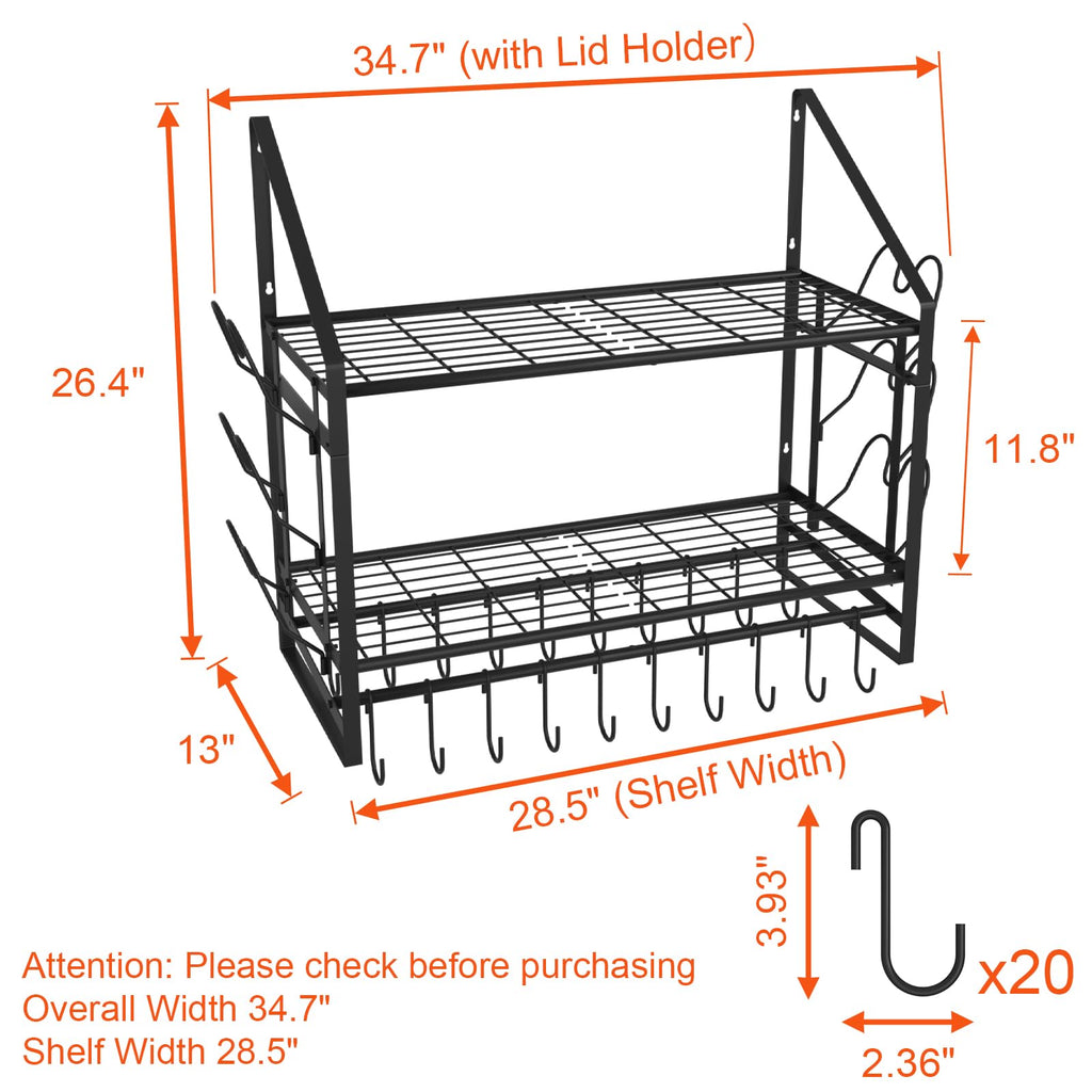 28 Inch Pot Rack Wall Mounted, 2 Tier Pots and Pans Organizer with 20 Hooks and 6 Pot Lid Holders, Heavy Duty Steel