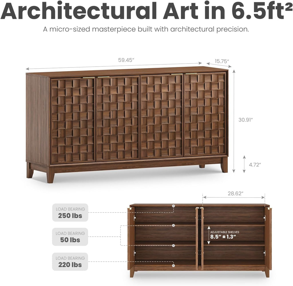 Fluted Sideboard Cabinet with Storage, Solid Wood Buffet , Credenza Console with Adjustable Shelves, Walnut Finish