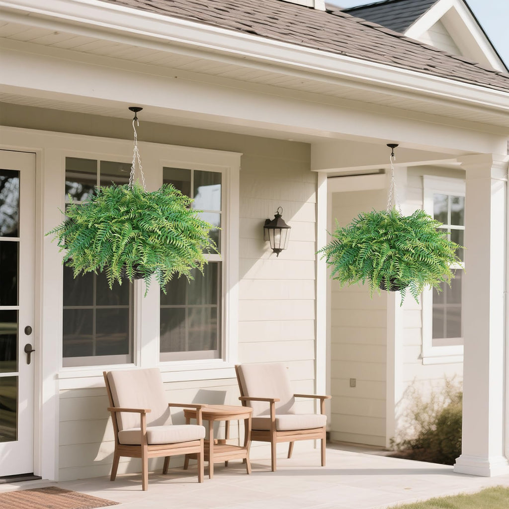 2 Sets Artificial Ferns Plant Hanging Basket for Front Porch Decor(Green)