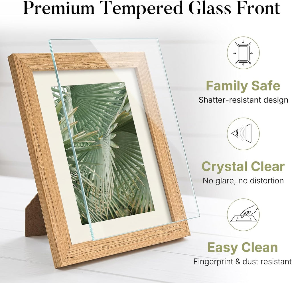 8x10 Picture Frame Set of 3, Tempered Glass, Natural Oak | Solid Wooden Photo Frame, Fits Photo 8x10 without Mat or