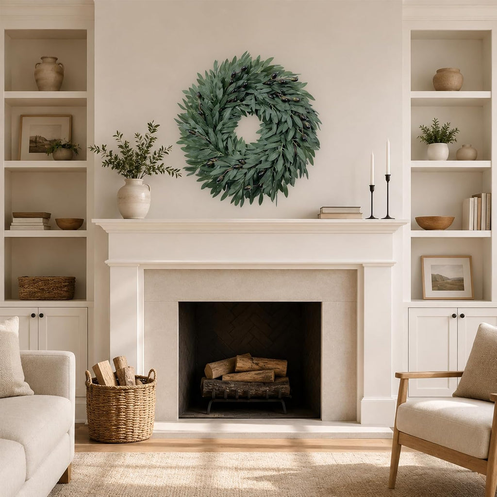 22 Inch Olive Wreath for Front Door, Spring Summer Wreaths for Front Door with Faux Grapevine Base, Artificial
