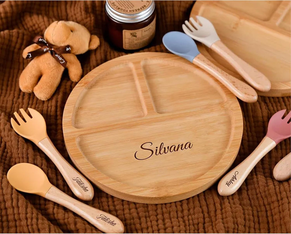 Personalized Natural Bamboo Baby Led Weaning Set with Divided Plate & Silicone Utensils | Non-Toxic Toddler Feeding