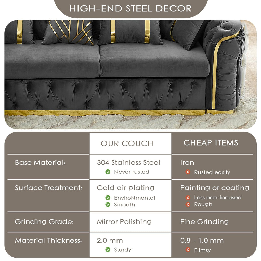 Oversize Luxury Sectional Couch 110.5" Chesterfield Sofa, Grey and Gold Sofas with Metal Accents, Victorian Curved