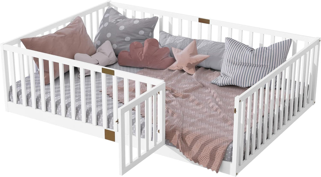Toddler Floor Bed with Door&High Rails, White