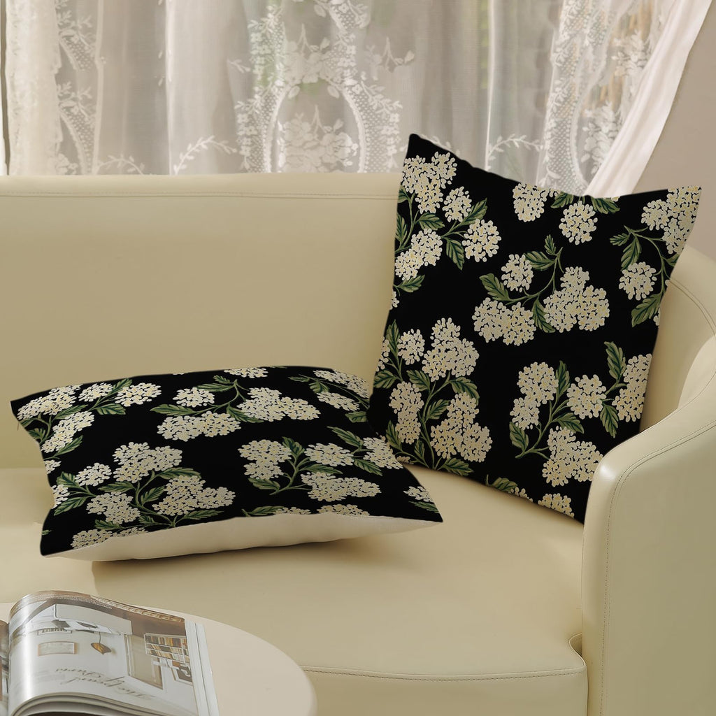 Black Spring Pillow Covers 22x22 Inch 2 Pcs Green Hydrangea Flower Decor Throw Pillows Vintage Floral Seasonal Summer