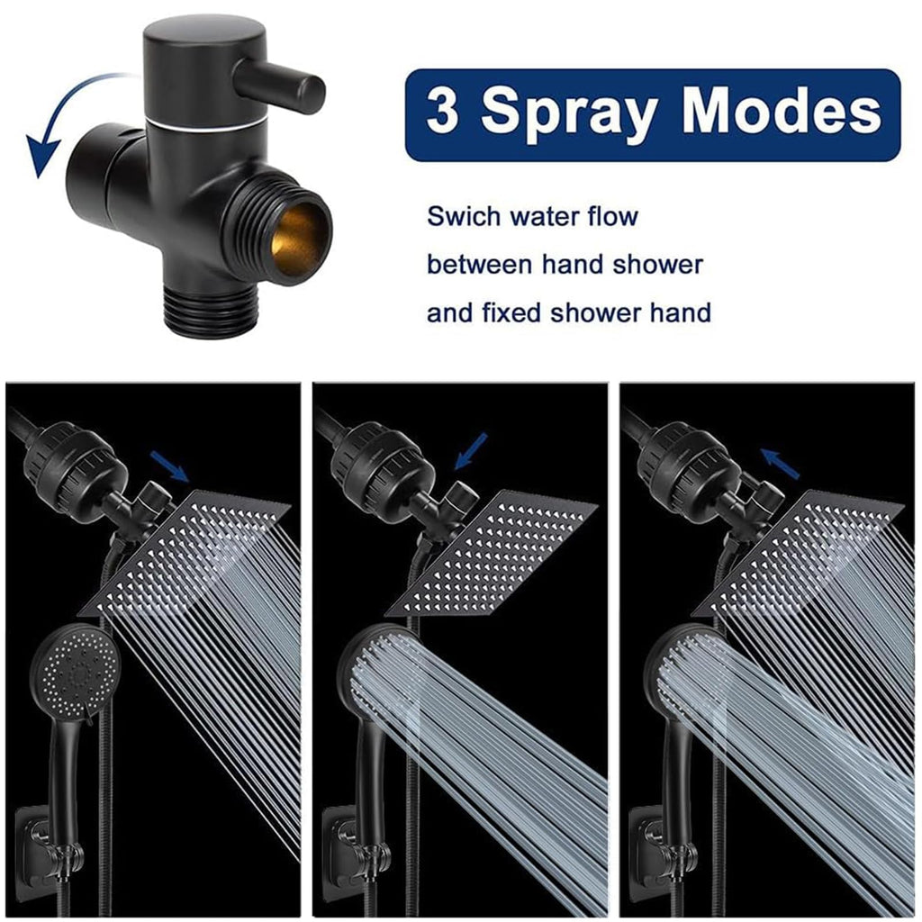Filtered Rain Shower Head, High Pressure 8′′Square, and 5 settings Handheld Shower Filter Combo with Self-adhesive