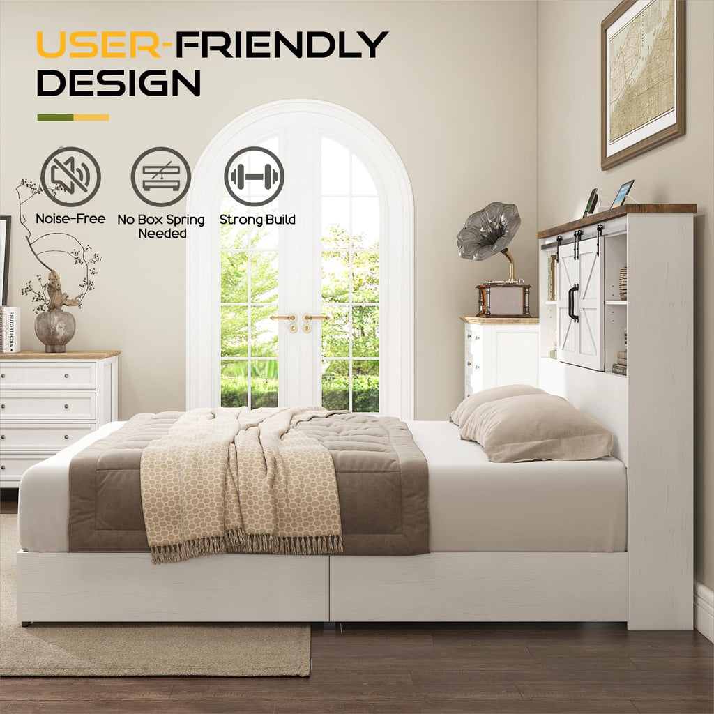 Farmhouse Bed Frame with 51.2" Bookcase Headboard, Wooden Platform Bed with 2 Drawers, Sliding Barn Door