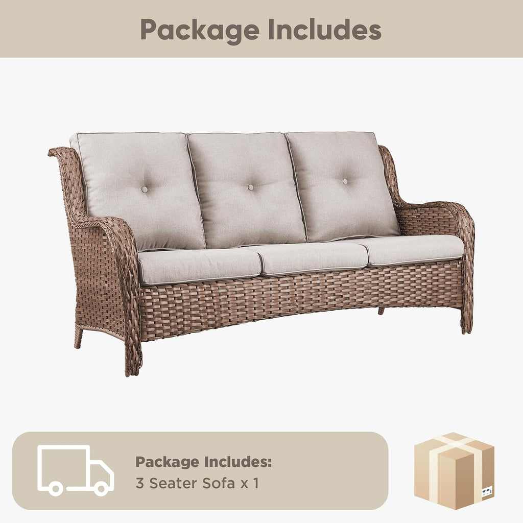 Patio Sofa Luxury PE Wicker 3-Seater Outdoor Couch, Modern All-Weather High Back Deep Seat Woven Furniture Set for