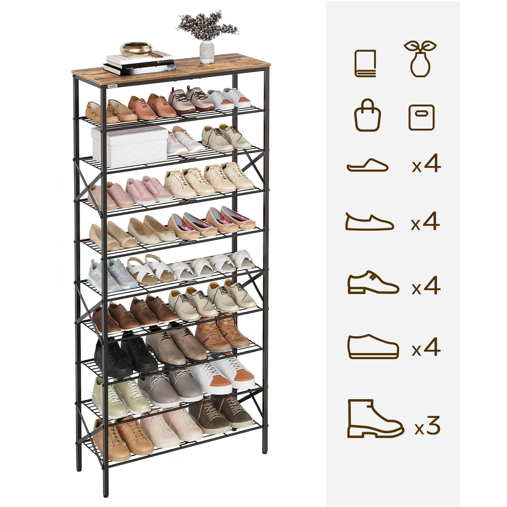10 Tier Shoe Rack, Large Capacity Shoe Storage Organizer Holds 40 Pairs, Sturdy and Stable, Closet, Dorm Room, Rustic