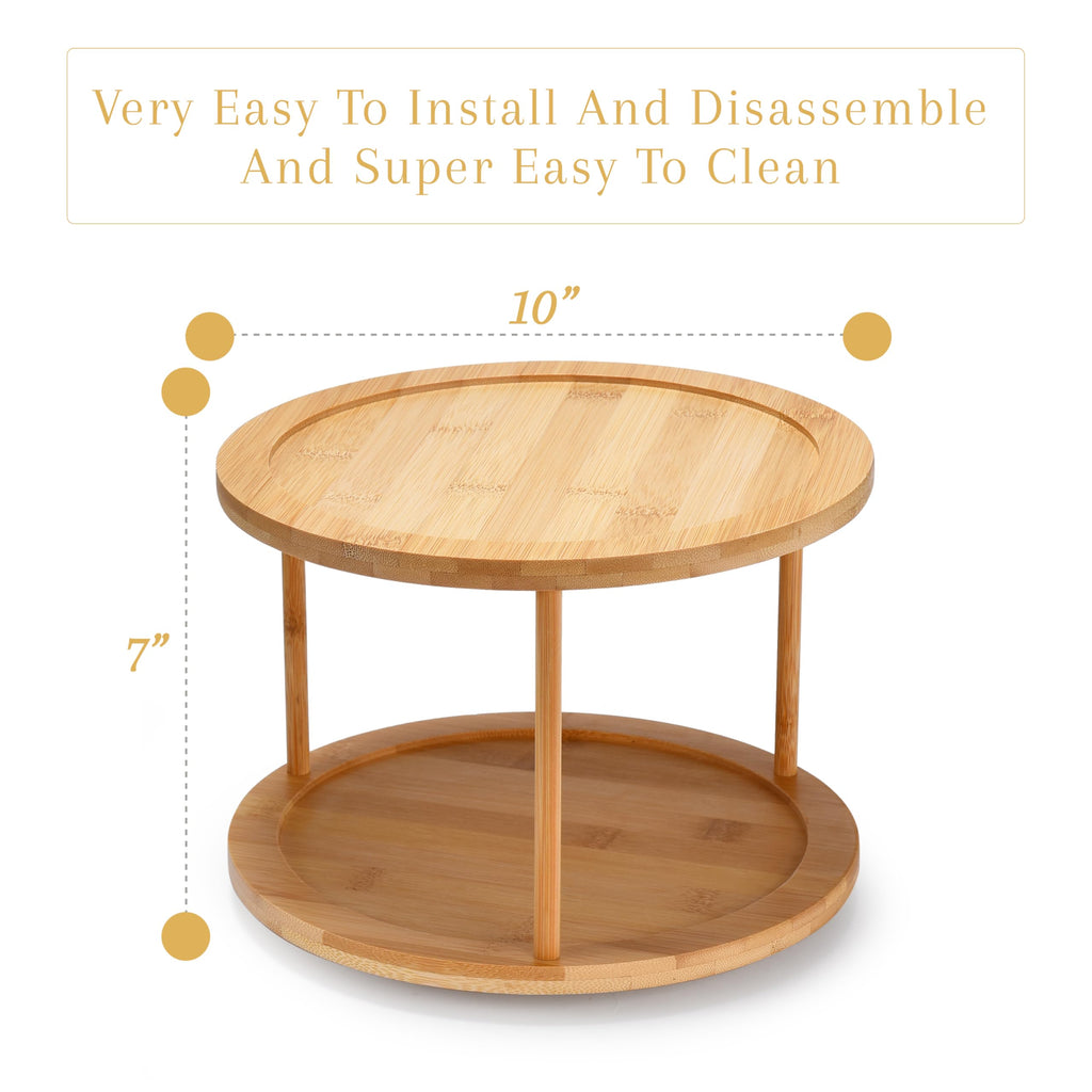 Bamboo Turntable Lazy Susan Rotating Spice Rack (10" Inches) - 2 Tier Spice Rack Organizer Cabinets, Pantry Storage