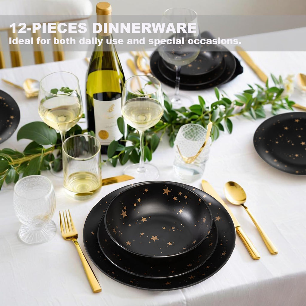 Black Melamine Dinnerware Sets - 12pcs Plates and Bowls Sets,Service for 4