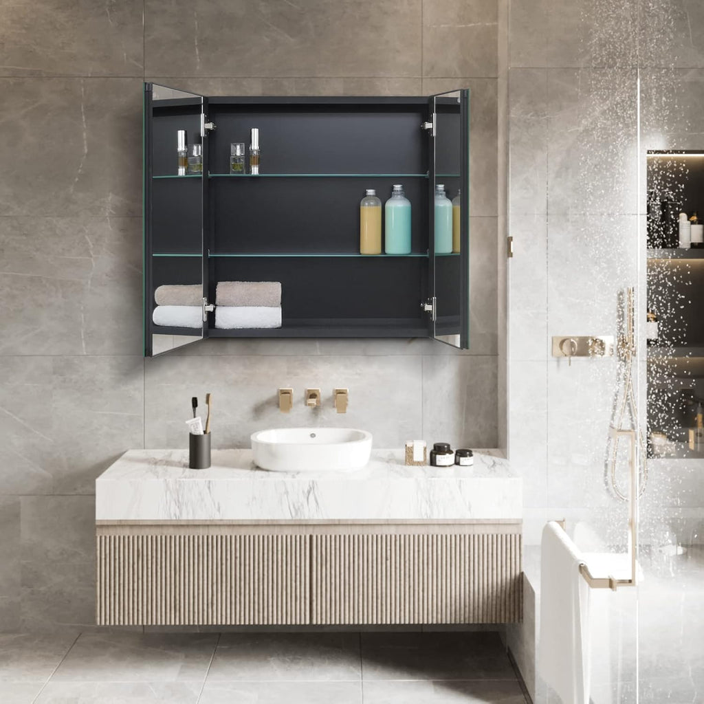 24 x 24 Black Double Door Bathroom Medicine Cabinet with Mirror, Wall Mount | Two-Door Bathroom Wall Mirror Cabinet