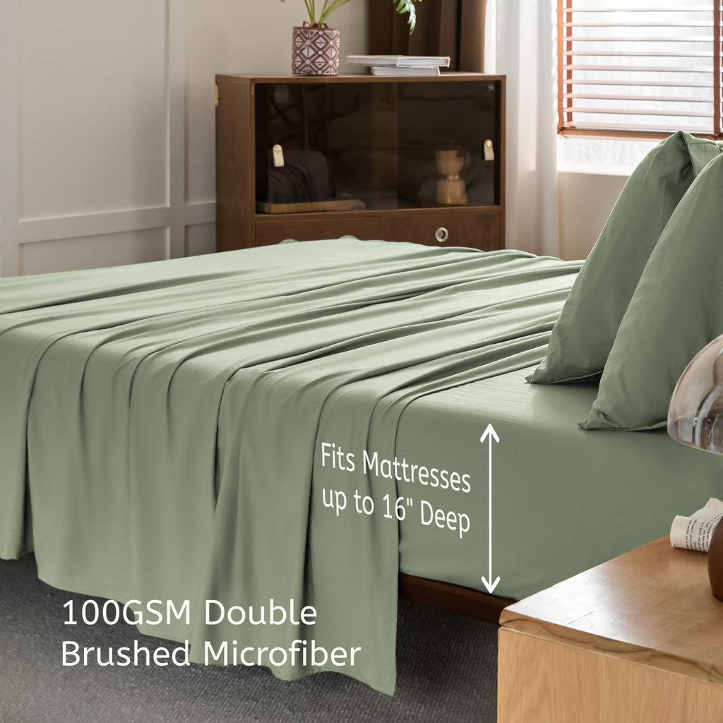 Sage Green 4-Piece Queen Sheet Set, Double-Brushed Microfiber, Smooth&Soft