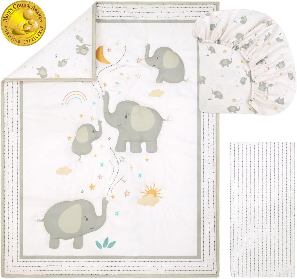 3 Piece Elephant Whimsy Baby Crib Bedding Set Boy or Girl, Nursery Decor Boy Crib Comforter Set, Classic Neutral