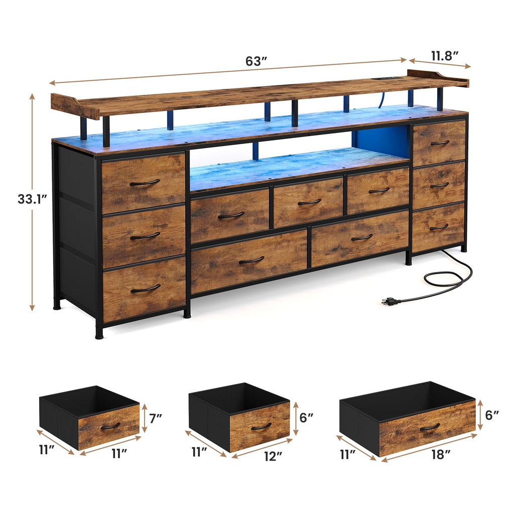 TV Stand for 65 Inch TV, 63" W Long Dresser, Rustic Brown