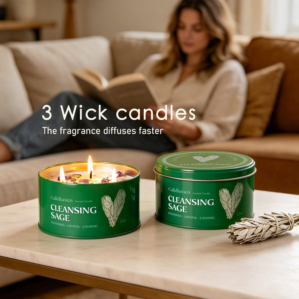 Sage Candle for Cleansing with Crystal - 3 Wick 24 oz 2PC