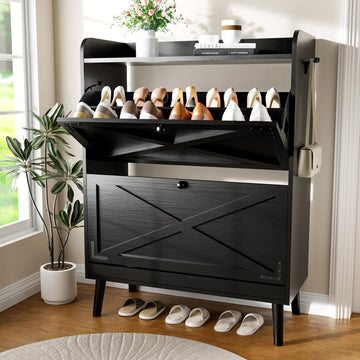 Shoe Storage Cabinet with 2 Flip Drawers, Black