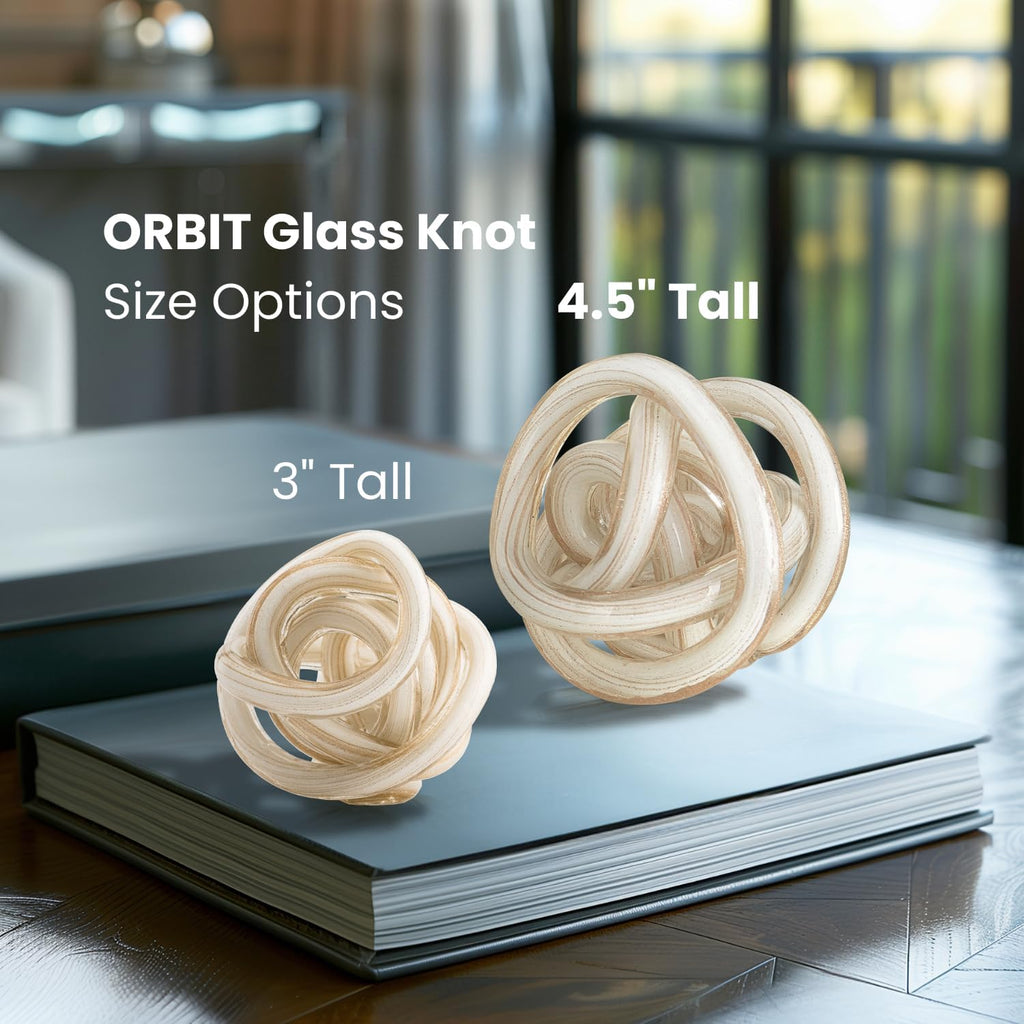 Orbit Hand Blown Glass Infinity Knot Sculpture - 4.5 Inch Glass Art White & Gold Knot Decor Ball Decor, Small