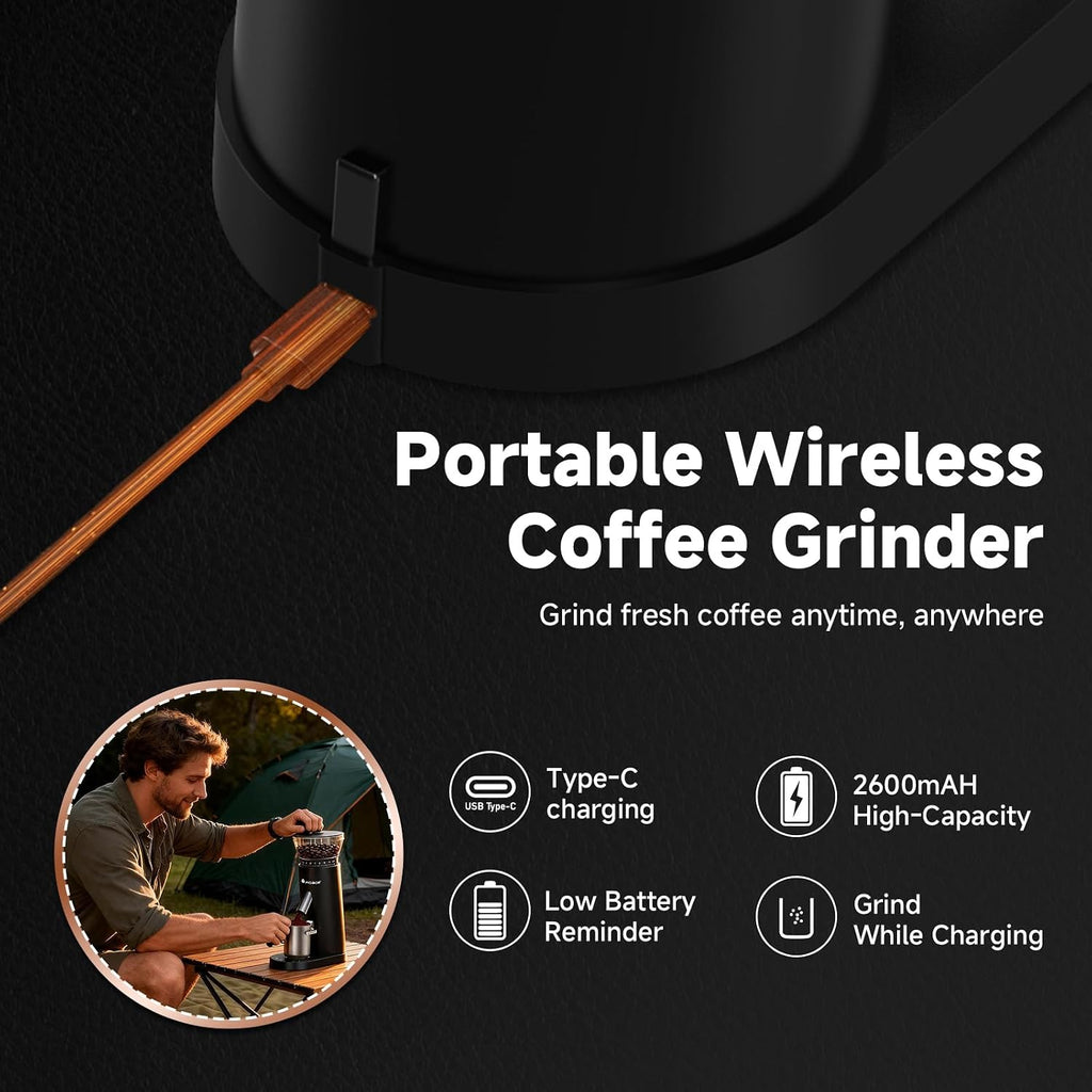 Cordless Burr Coffee Grinder, Rechargeable with 60 Grind Settings & Anti-Static, Digital Timer Touchscreen, Portable