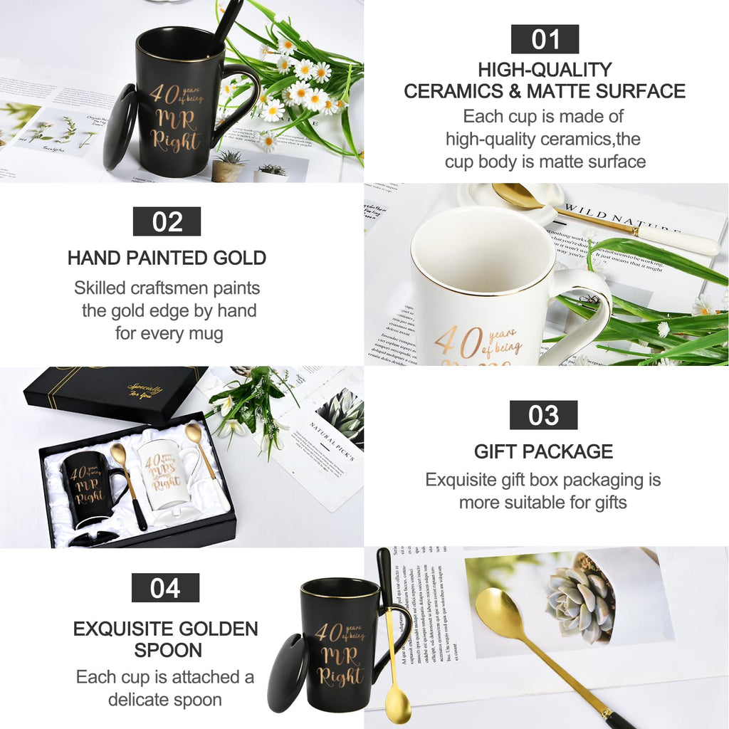 40th Wedding Gifts, 40 Years of Being Mr & Mrs Always Right Mug Set 14Oz with Lids Spoons and Gift Box, Christmas