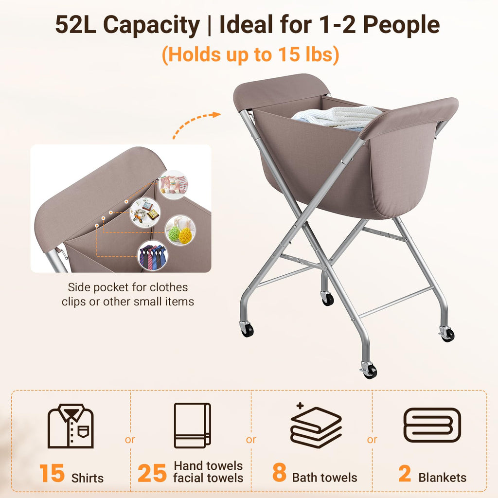 Laundry Basket with Wheels, Collapsible Laundry Hamper, Camel Brown